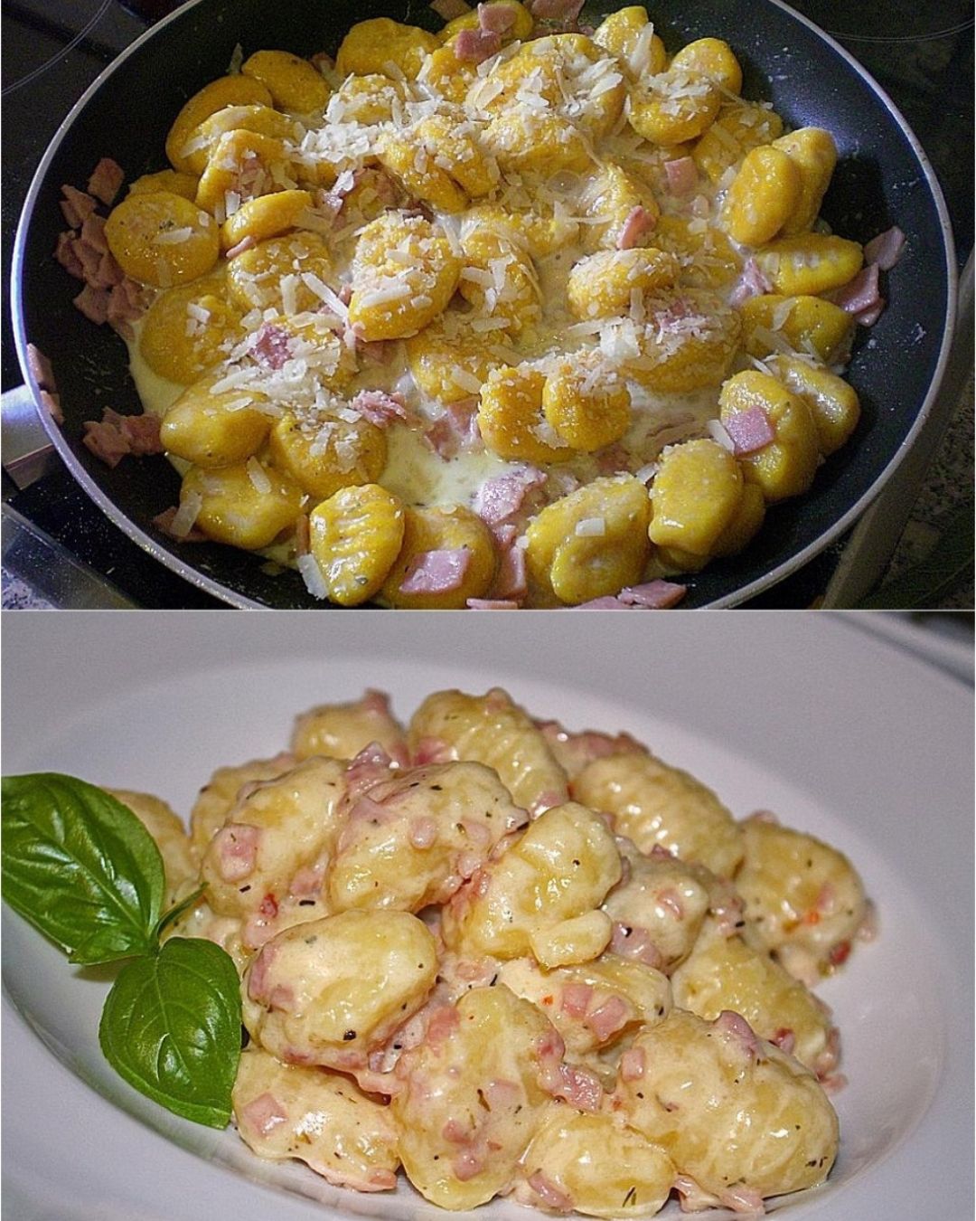 Gnocchi with cheese garlic ham sauce