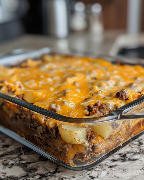 This hearty casserole is a comforting and satisfying meal that combines the flavors of juicy ground beef, creamy potatoes, and melted cheddar cheese. It’s perfect for a family dinner or a potluck.