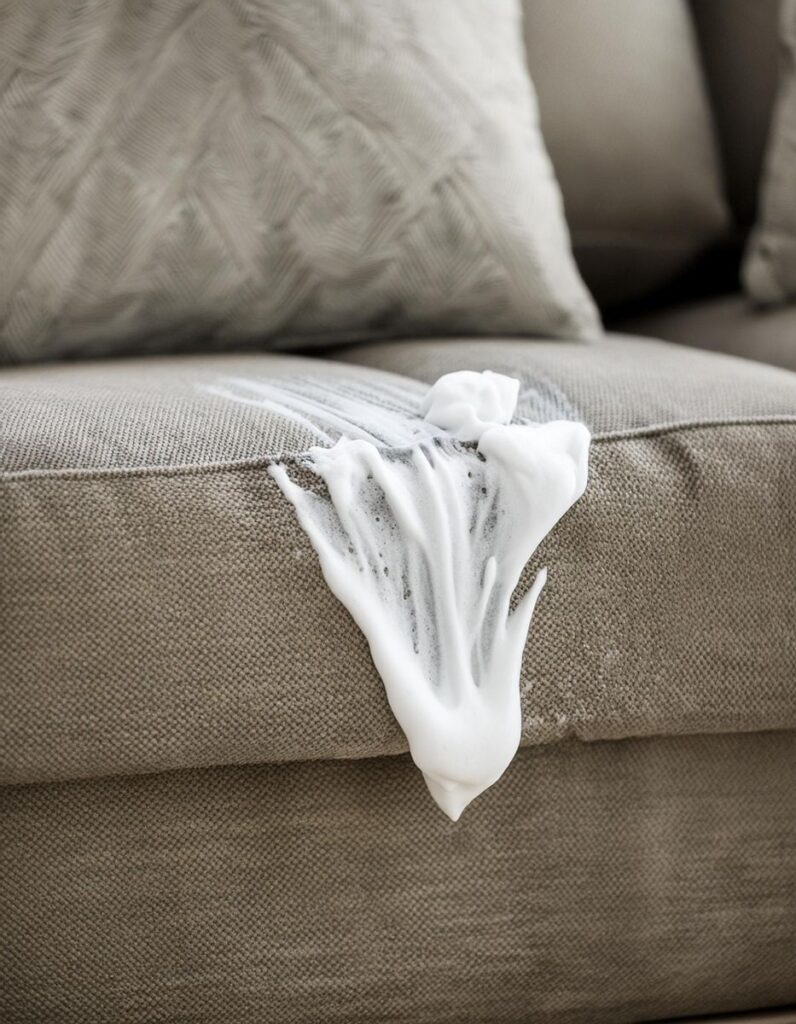 Mom applies shaving cream over stained couch. Here’s why